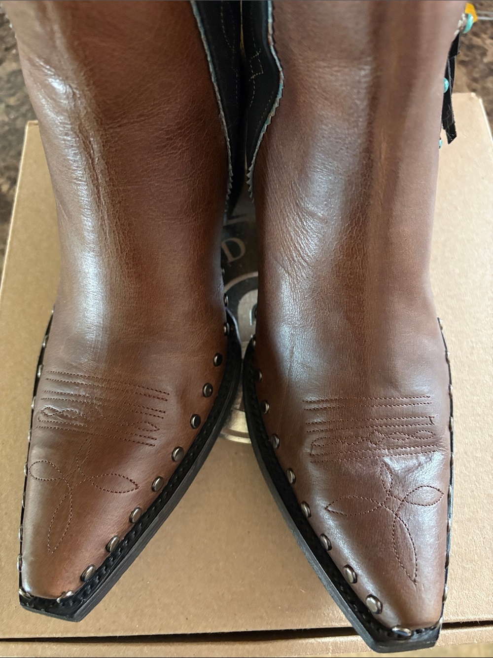 Double D Ranch Apache Kid  Leather Ankle Boots with Turquoise Concho Accents - Picture 5 of 6